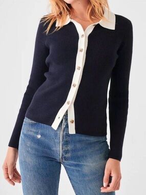 Faherty Women’s S Navy Ivory Rib Knit Button Front Cardigan Cashmere Cotton